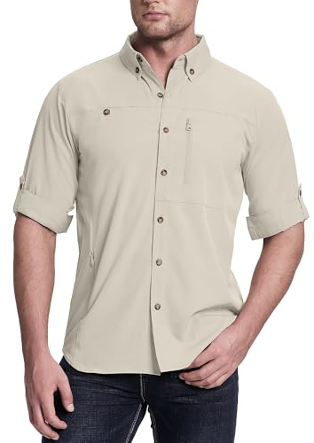 33,000 fot safari-skjorta herr långärmad sportskjorta UPF50 UV-skydd funktionell skjorta andas button-down skjorta med fickor för vandring fiske resor, kaki, XXL