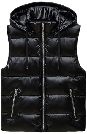 GIBZ Chaleco Acolchado Brillante para Hombre, Chaqueta con Capucha Sin Mangas, para Deportes de Invierno al Aire Libre, Negro, M
