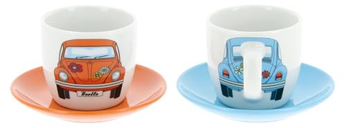 BRISA VW Collection - Set di tazze da espresso/caffè/tè/cappuccino in ceramica Volkswagen con design Beetle (Set di 2 o Set die 4/100ml) (Arancione & Blu, Set die 2)