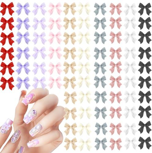 Gjinxi 150 Pcs 3D Bow Charms - Colorful Bow Nail Decorations for Acrylic Resin Nail Art Design DIY Crafting