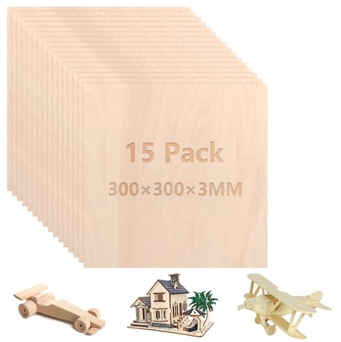VIDETOL 15 fogli di compensato da 3 mm, 300 x 300 x 3 mm, in legno di tiglio, per bricolage, per modelli, lavori di legno, pittura, decorazioni