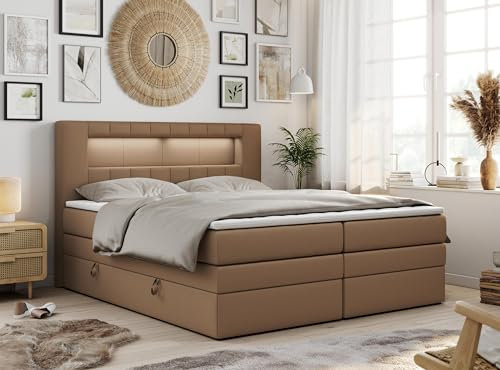 MKS MEBLE Boxspringbett 200x200 mit Led Kunstleder Braun, Polsterbett mit LED Kopfteil, Multipocket Matratze H3, Doppelbett mit Bettkasten Stauraumbett - GOLD-5-KING - Kunstleder Braun
