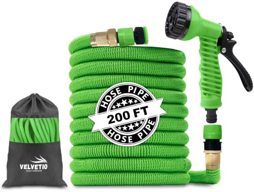 VELVETIO Expandable Strong Garden Hose Pipe 200FT, 7 Function Nozzle Spray Gun with 3/4 1/2 1 Leakproof Connector, 4 Layer Latex Core No Kink Flexible Hose for Outdoor & Car Wash, Green
