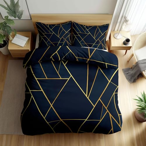 Navy Blue Duvet Cover Sets Gold Geometric Pattern, Microfiber Quilt Cover Set with Zipper Closure and Corner Ties, 3D Print King Bedding Set 230 x 220 cm with 2 Pillowcases 50 x 75 cm