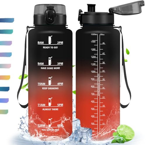 HoneyHolly Trinkflasche, 1,5L, Trinkflasche Sport, Trinkflaschen mit Zeitmarkierung, mit Filter, Auslaufsichere Wasserflasche, BPA-Frei, Wasserflasche für Sport, Fitness, Yoga, Schule, Büro