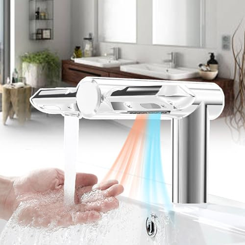 Grifos con detección automática y control de temperatura, secador de manos, con válvula reguladora de agua caliente/fría y manguera de conexión, ahorra espacio en el baño o el lavadero,Silver