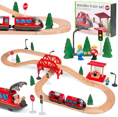 Tippi Wooden Train Set - 44 Piece Train Track With Battery Powered Train - Wooden Toys For 2-5 Year Old Boys - Kids First Train Set