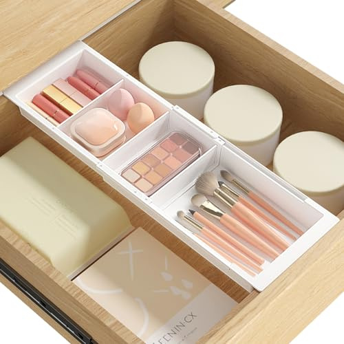 Lifewit Sliding Makeup Drawer Organizer, Fits 13-20 Deep Drawers, Extendable Hanging Divider, 1.8 High Plastic Tray for Vanity, Office, Kitchen, White,1Pcs