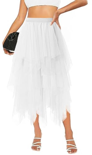Raincol Tulle Skirts for Women Midi Long Tutu Skirt A-Line Mesh Layered Fairy Trendy High Elastic Waist Halloween Skirts White S