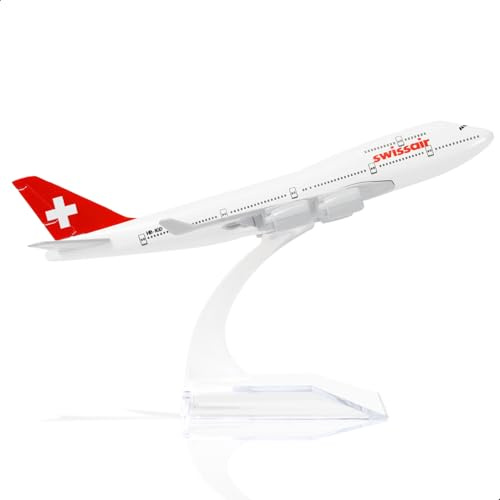 QIYUMOKE 1/400 747 Modellino di aereo in pressofusione di metallo modello di aereo per Swiss (15 cm L) con supporto per aereo in esposizione, kit di modellismo per aerei per adulti aerei regali per