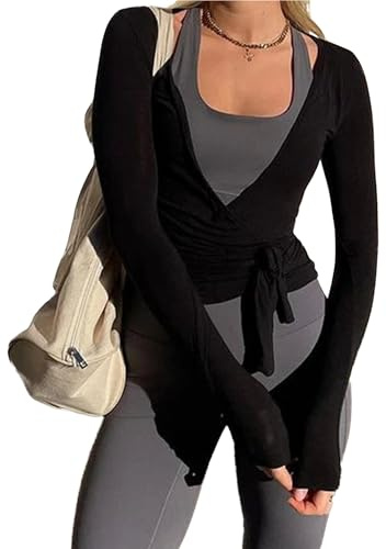 Cusghjbsg Women’s Cross Wrap Tie Tops Y2K Solid Color Long Sleeve Deep V Neck Ruched Hem Slim Fit T-Shirts Yoga Pilates Workout Blouses (Black A, M)