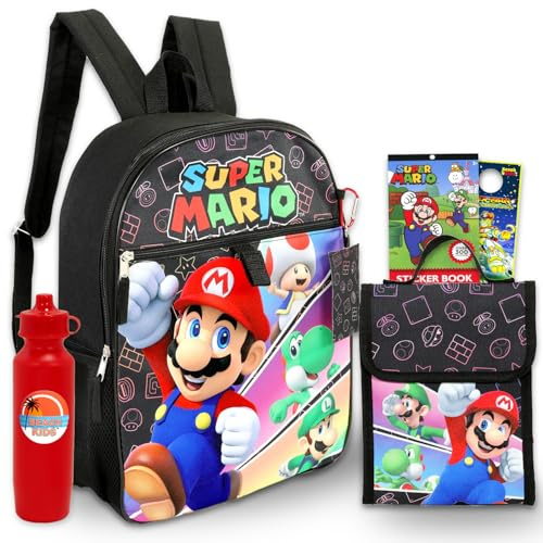 Super Mario Backpack and Lunch Bag Set - Bundle with Backpack, Lunch Box, Stickers, Water Bottle, More | Super Mario Bros School Bag for Boys