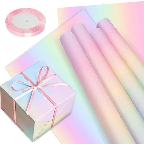 Brthday Wrapping Paper Set, 8PCS Rainbow Gradient Color Gift Wrapping Paper | 50 x 70CM Recyclable Gift Birthday Wrap Paper with Satin Ribbon for Wedding Birthdays Valentines