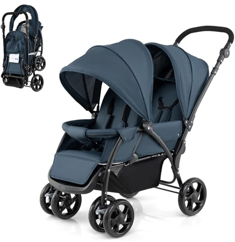 COSTWAY Passeggino Doppio Pieghevole per Bambini, Passeggino Gemellare Pieghevole, con Seduta in Tandem e Tettuccio, Schienale Regolabile, Ruote Bloccabili e Antiurto, per Bambini 0-36 Mesi (Blu)
