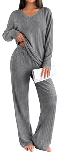 Ekouaer Lounge Sets for Women Long Sleeve Knit Ribbed Pajama Sets 2 Piece Casual Loungewear with Pockets Dark Gray