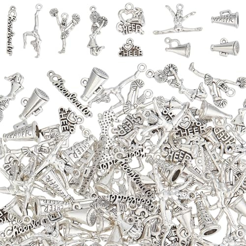 CRAFTYMELODY 100 ciondoli da cheerleader, serie cheerleading, stile tibetano, in lega, in argento antico, per ginnastica, sport, 100 pezzi