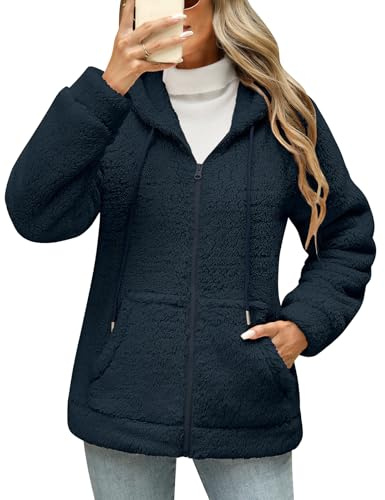 Yuson Girl Sweatshirt med dragkedja fleece med huva teddyjacka sweatshirts vintertröja höst varm termisk huvtröja lättviktig tröja ytterkläder långärmad med huva och fickor, Marinblå, S