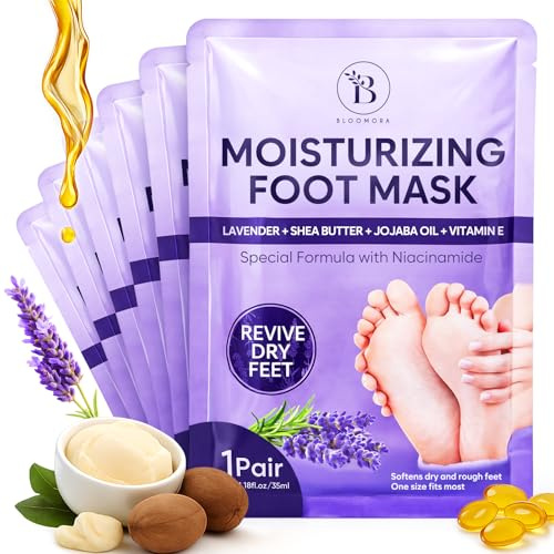 6 Paires Masque Pieds Hydratant au Lavande, pour Pieds Très Secs et Abîmés – Soin au Beurre de Karité, à l’Huile de Jojoba et à la Vitamine E, Foot Mask