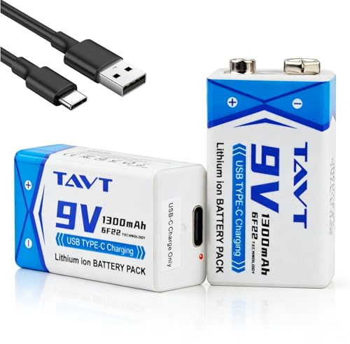 TAVT 2X 9V baterías de 1300mAh con Puerto de Carga USB-C para Juguetes, Detector de Humo, multímetro, walkie-talkies, micrófonos