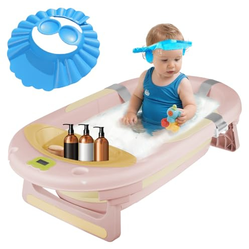 Baignoire Pliable pour Bébé avec Coussin de Bain, Ergonomique, Antidérapante, pour Nouveau-né, Bébés de 0 Mois+, Baignoire thermostatique avec tapis de bain et bonnet de douche