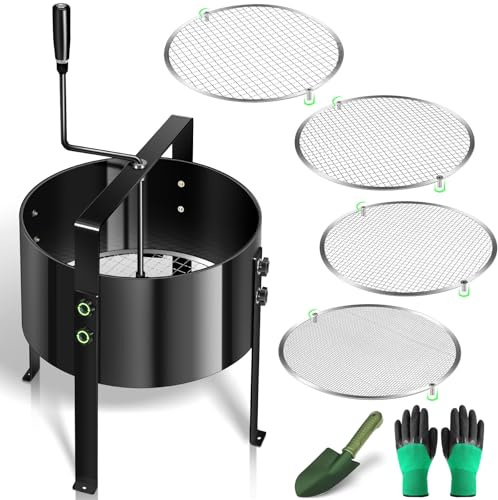 Gifeerory Upgraded Rotary Garden Soil Sifter Compost Sieve, Steel Garden Sieve with 4 Replaceable Mesh Sizes 3/6/9/12 mm, Large Earth Riddle Screener Kit Includes Shovel & Gloves for Soil and Stones