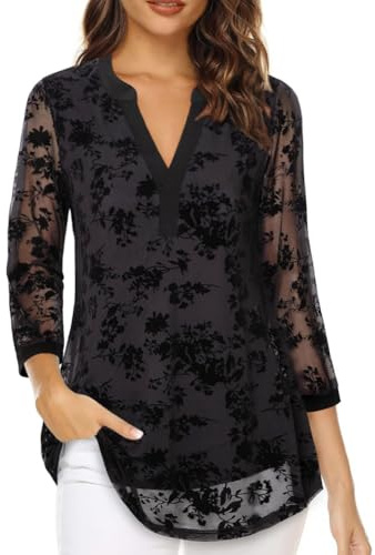 BSBUY Damblusar 3/4 ärm elegant – avslappnad V-ringad chiffong lång tröja, nät dubbla lager sommar lös passform blus topp, chiffong baströjor för dagligt arbete kontor arbete vår höst, svart, L-XXL