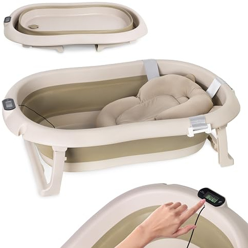 moovkee. Babybadkar Vikbart – Beige, 80 cm, Med Termometer och Badkudde, 0–36 Månader, Halkfritt, Bärbart