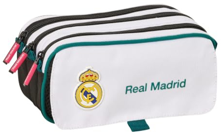 Safta | Portatodo Triple Real Madrid Equipación 26/27 Big, Organizador Escolar con 3 Compartimentos y Cremalleras, Bolsillo Frontal, Estuche Escolar, Medidas 21.5x8x10 cm