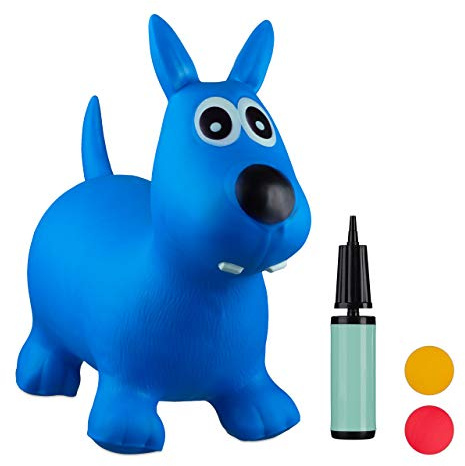 Relaxdays Animale Cavalcabile Cagnolino, Giochi Gonfiabili per Bambini, BPA-free, Fino a 50 kg, Pompa Inclusa, Blu