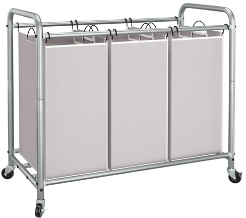 STORAGE MANIAC 3 Section Laundry Sorter, 35.6 Gal (135 L) Laundry Hamper Cart with Heavy Duty Rolling Lockable Wheels and Removable Bags, Clothes Organizer Basket Clothes Separator Hamper, Gray