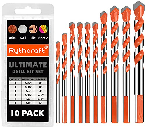 Masonry Drill Bits Set for Tile, Brick, Cement, Concrete, Glass, Plastic, Cinder Block, Wood etc,Chrome Plated with Industrial Strength Carbide Tips with Storage Case Orange(10 Pack)