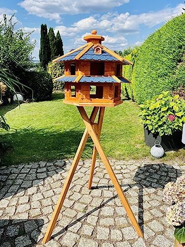 Darlux - Villa XL mangiatoia esagonale, doppia casetta per uccelli + supporto, colore: marrone/blu