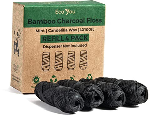 EcoYou Bambus-Zahnseide-Nachfüllpackung, 1,2 x 2,4 m, biologisch abbaubar, Minz- und Candelilla-Wachs, kohlefarbene Öko-Zahnseide