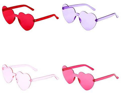 KINBOM 4 Stück Herz Brillen Set, Bonbonfarbe Rahmenlose Sonnenbrille Transparente Herz Sonnenbrille für Frauen Mädchen bei der Pool Geburtstagsfeier (Rot, Pink, Lila, Rosenrot)