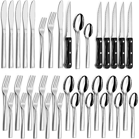 Juego de cubiertos 6 Personas, Hunnycook 36 Piezas Juego de cubiertos con Cuchillo para Carne, Set de Cubiertos de Acero Inoxidable con Cuchillo Tenedor Cuchara para, Apto para Lavavajillas
