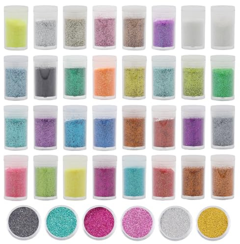 Set med 32 färger, glitterpulver, glitter, färgglada glitterpulver för pyssel, glitter för dekoration, kort, papper, maskerad, nagelkonst