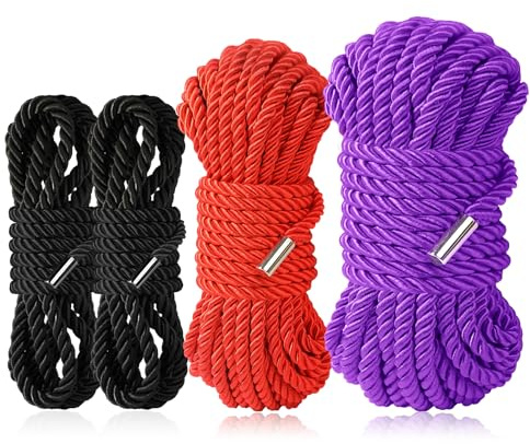 Sfcaris Silk Soft Rope, Skin Friendly Soft Nylon Rope Silky Rope, Durable Multipurpose Color Braided Long Rope (2x8ft Black+16ft red+32ft Purple)