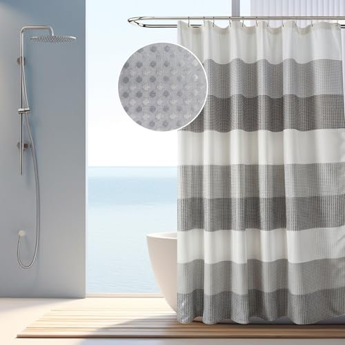 AIBIIN Waffle Shower Curtain Grey Striped Bath Curtains Fabric for Bathtub Heavy Duty Fabric Washable Bathroom Decor with 12 Hooks 180x180cm