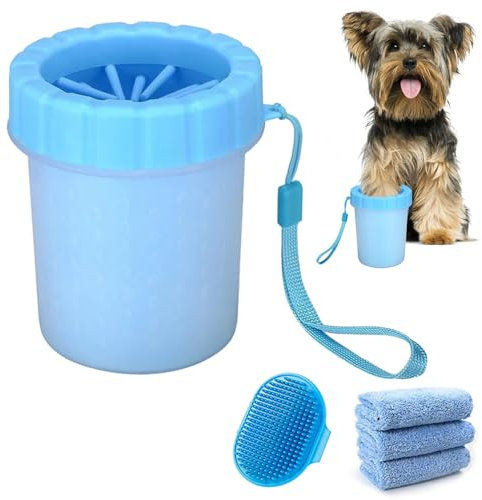 Pfotenreiniger für Hunde, Weich und Komfortabel Paw Cleaner, Tragbare Silikon Haustierpfotenreiniger, mit 3 Handtuch für Katzen und Hunde Paw Washer(blau)