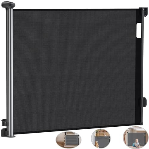 HOMGEN Retractable Stair Baby Gates 180cm/71Inch Long Mesh Baby Gate Auto-Retraction with Dual Lock Extendable Stair Gate 86cm/34Inch Tall Retractable Dog Gate PVC Tear-resistant Pet Gate -Black