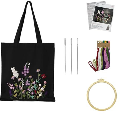 NIYATA Sticken Canvas Tragetasche Set für Erwachsene Anfänger, Kreuzstich Kit mit Blumenmuster, Bambus Stickrahmen, Farbfäden, Nadeln, DIY Stickset für Frauen Jugendliche