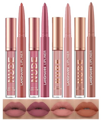 LANGMANNI 4pcs Matte Lipstick with Lipliners Durable Makeup Set,Long-Lasting Non-Stick Cup Not Fade Waterproof Pigmented Velvet Lipgloss Kit Beauty Cosmetics Makeup Gift for Girls(#12811)