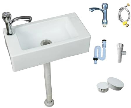 TYTFTDLD Weißes rechteckiges Waschbecken, kleines Waschbecken im Badezimmer, Wandspüle inklusive Kunststoffhahn und Wasserrohr 40,20,11cm[Kurz]