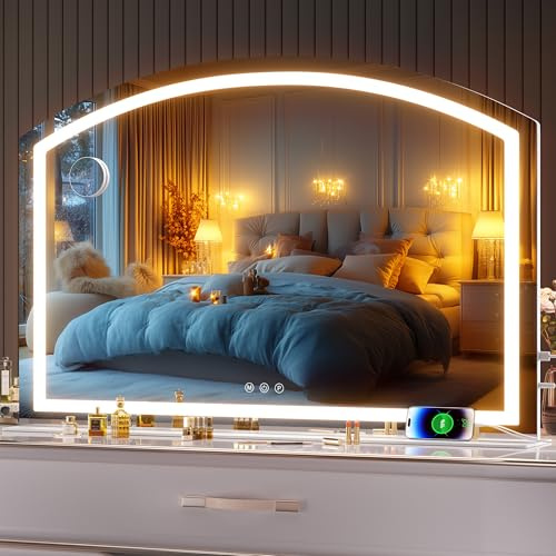 Hasipu Espejo de maquillaje con iluminación, 120 x 80 cm, espejo de tocador Hollywood con 10 lupa, espejo de mesa con puerto de carga USB, 3 modos de intensidad regulable
