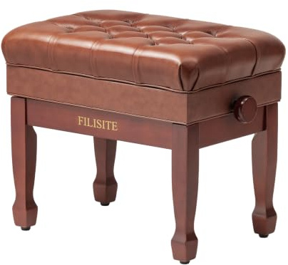 FILISITE Genuine Leather Adjustable Piano Bench with Storage Compartment, Heavy Duty Solid Wooden Keyboard Stool with Padded Cushion Seat (Brown)