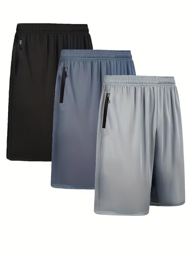 BUYJYA Pack de 3 pantalones cortos para correr para hombre - Ligeros y casuales - Con bolsillo con cremallera, XL