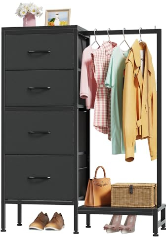 OYRREU Cómoda para Dormitorio con 4 Cajones De Tela Y Barra Colgante | Cajonera Estrecha Multifunción De 111 Cm | Mueble para Salón, Habitación Infantil O Pasillo | Madera Rústica Negro