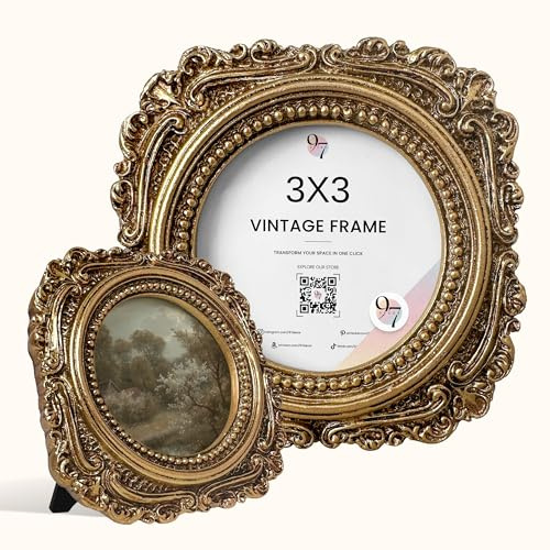 97 Decor Small Gold Vintage Picture Frames 3x3 - Small Round Frame For Tabletop And Wall Hanging, Mini Ornate Gold Frame 3x3, Wallet Size Tiny Frames For Home Bedroom Decor