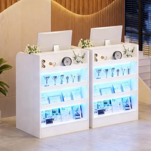 MSFE Comptoir Accueil avec LED Compact Meuble C-omptoir de Réception avec Tiroirs Verrouillables et étagère D'exposition Comptoir Caisse Salon de Coiffure,Bureau,Boutique, 60x60x95cm