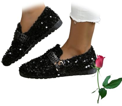 Scarpe basse da donna con paillettes, con strass, a punta, comode, senza lacci, eleganti, con tacco basso, per lavoro, matrimonio, balletto, Nero , 40 EU